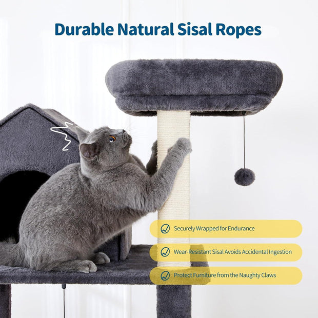 60 InchMulti-Level Cat Tree For Indoor Cats With Plush Hammock, Cozy Cat House, Scratching Post, Top Perch And Two Hanging Balls