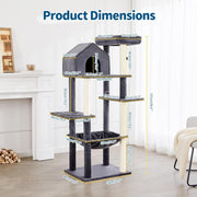 60 InchMulti-Level Cat Tree For Indoor Cats With Plush Hammock, Cozy Cat House, Scratching Post, Top Perch And Two Hanging Balls