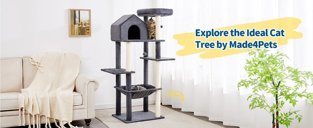 60 InchMulti-Level Cat Tree For Indoor Cats With Plush Hammock, Cozy Cat House, Scratching Post, Top Perch And Two Hanging Balls