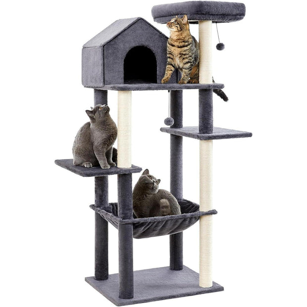 60 InchMulti-Level Cat Tree For Indoor Cats With Plush Hammock, Cozy Cat House, Scratching Post, Top Perch And Two Hanging Balls