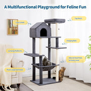 60 InchMulti-Level Cat Tree For Indoor Cats With Plush Hammock, Cozy Cat House, Scratching Post, Top Perch And Two Hanging Balls