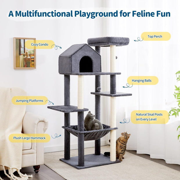 60 InchMulti-Level Cat Tree For Indoor Cats With Plush Hammock, Cozy Cat House, Scratching Post, Top Perch And Two Hanging Balls