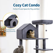 60 InchMulti-Level Cat Tree For Indoor Cats With Plush Hammock, Cozy Cat House, Scratching Post, Top Perch And Two Hanging Balls