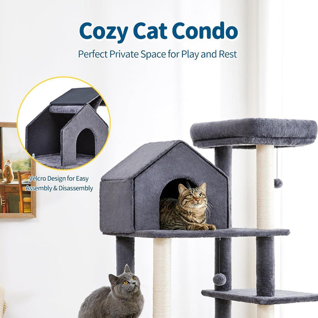 60 InchMulti-Level Cat Tree For Indoor Cats With Plush Hammock, Cozy Cat House, Scratching Post, Top Perch And Two Hanging Balls