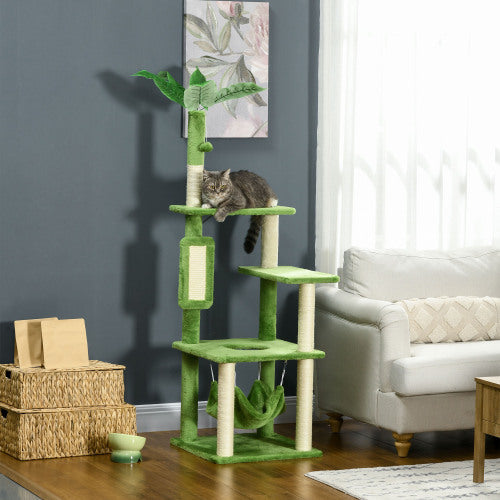PawHut 56 Cat Tree For Indoor Cats With Hammock, Cat Tower With Scratching Post, Platforms, Play Ball And Anti-tipping Device, For Indoor Cats, Green