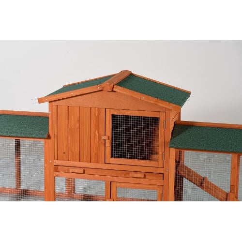 Large Wooden Rabbit Hutch, Outdoor Bunny Cage With Spacious Run, Waterproof Asphalt Roof, Pull-Out Tray And Ramp, Fir Wood Pet House For Rabbits, Chickens And Small Animals  Brown Green