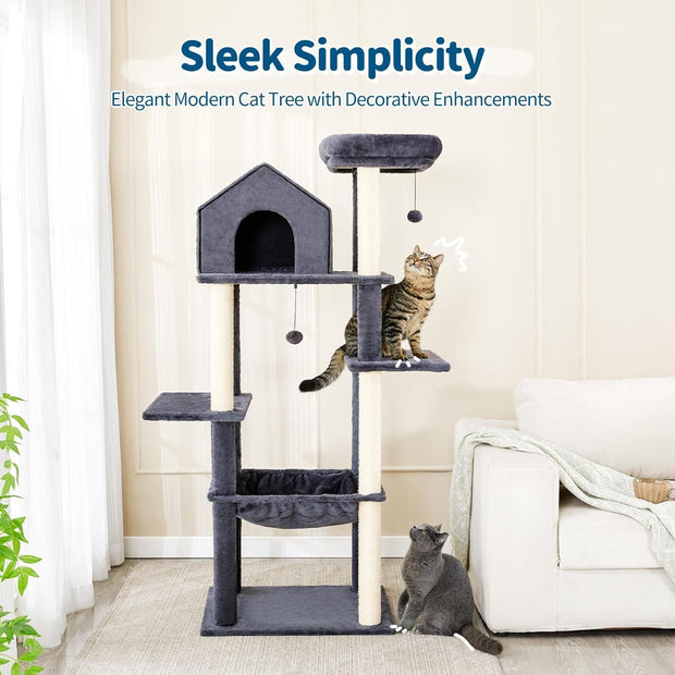 60 InchMulti-Level Cat Tree For Indoor Cats With Plush Hammock, Cozy Cat House, Scratching Post, Top Perch And Two Hanging Balls